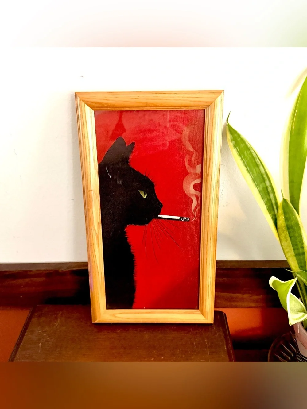 Black Cat Smoking a Cigarette Red Canvas Vintage Wood Framed Wall Hanging Art
